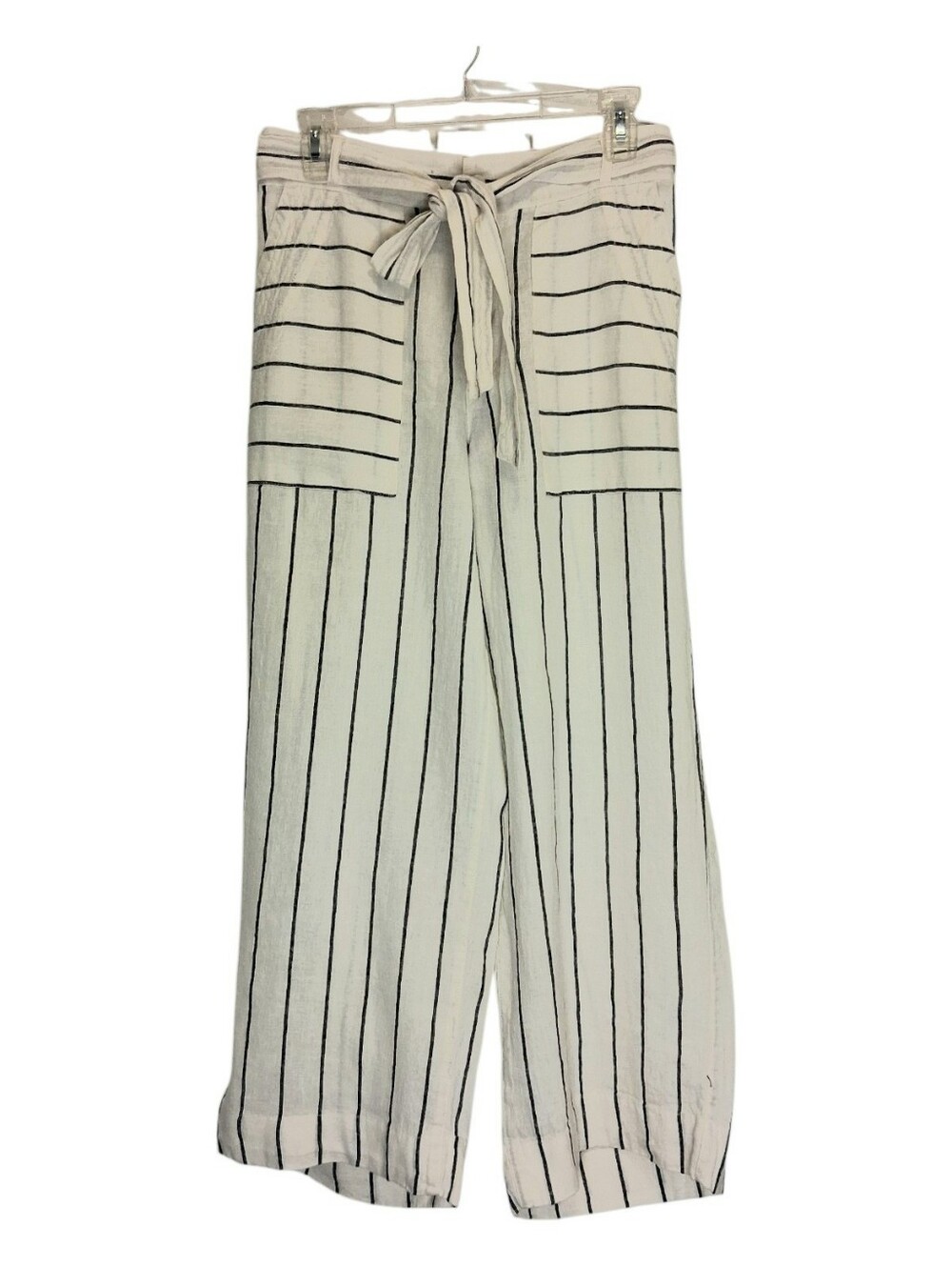 Halston 100% Linen Wide Leg High Waist Cropped Pants Sz 6 Eggshell And Navy Blue